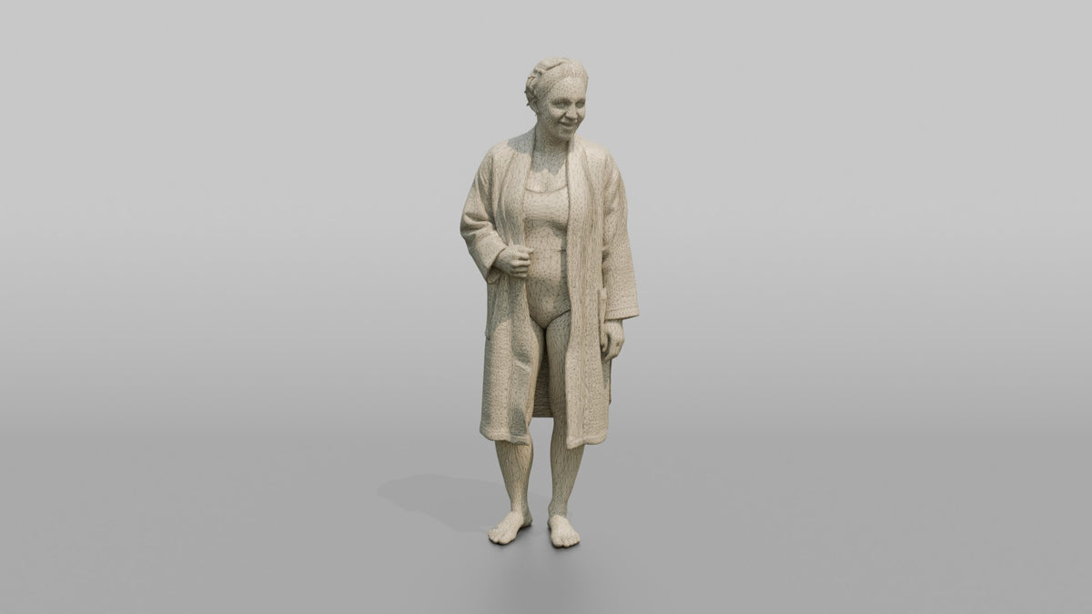 Spa Client Man Standing Barefoot, Robe Open Over Swimwear - wireframe topology preview