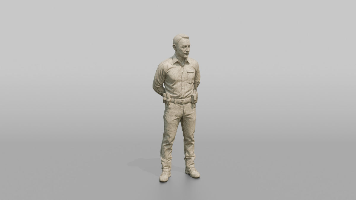 Door Staff Man Standing With Feet Apart, Arms Behind Back - wireframe topology preview