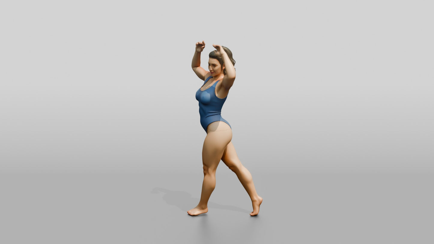 Curvy Woman in Blue Swimsuit Posing with Arms Raised