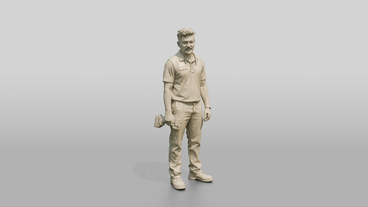 Mechanic Holding an Impact Driver - wireframe topology preview