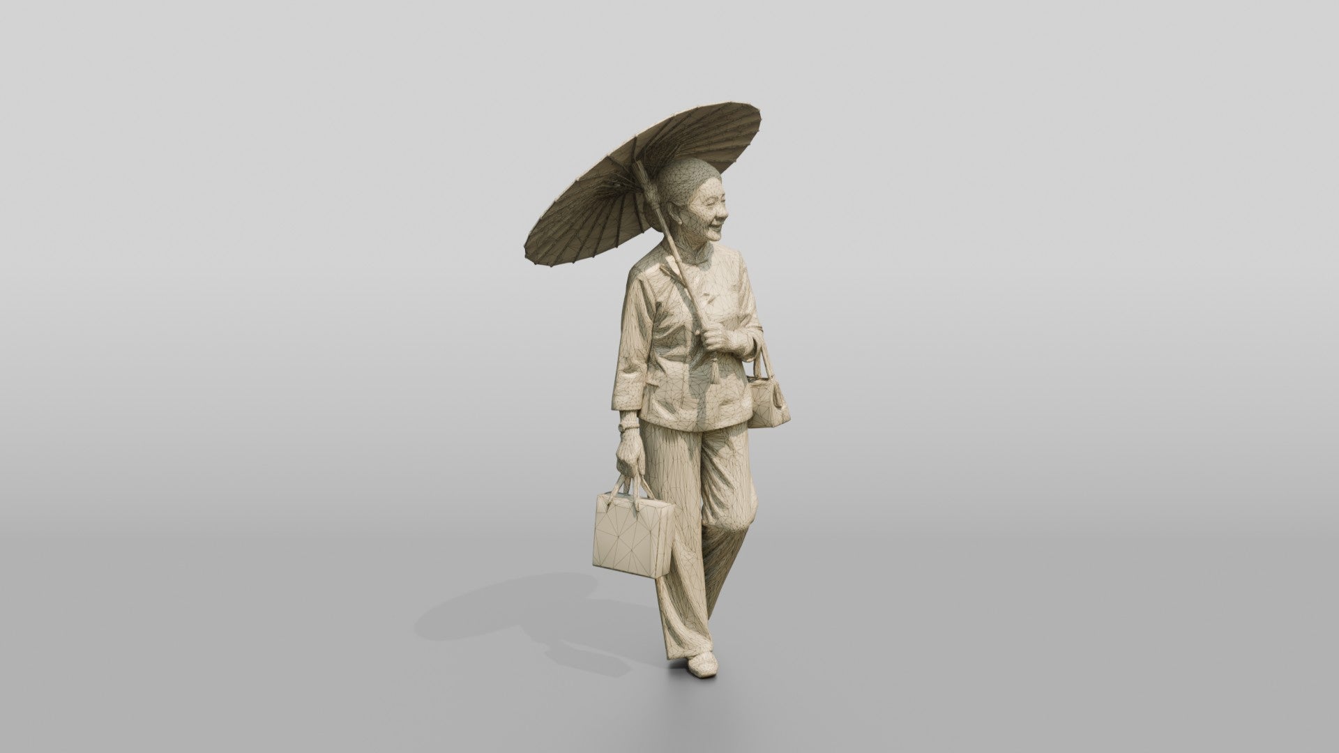 Elderly Chinese Woman in Qipao with Paper Umbrella