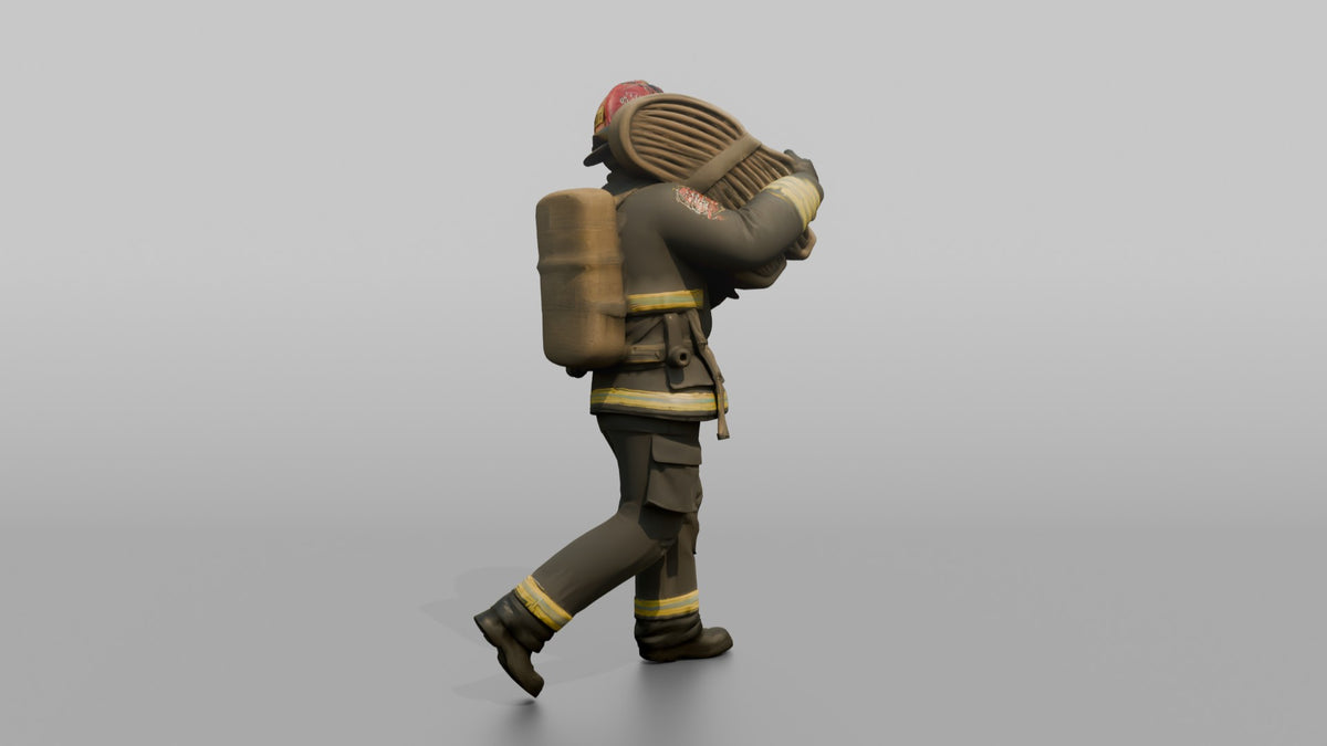 Firefighter Man Hoisting a Heavy Folded Hose Pack Onto His Shoulder - 3D character model, view 3