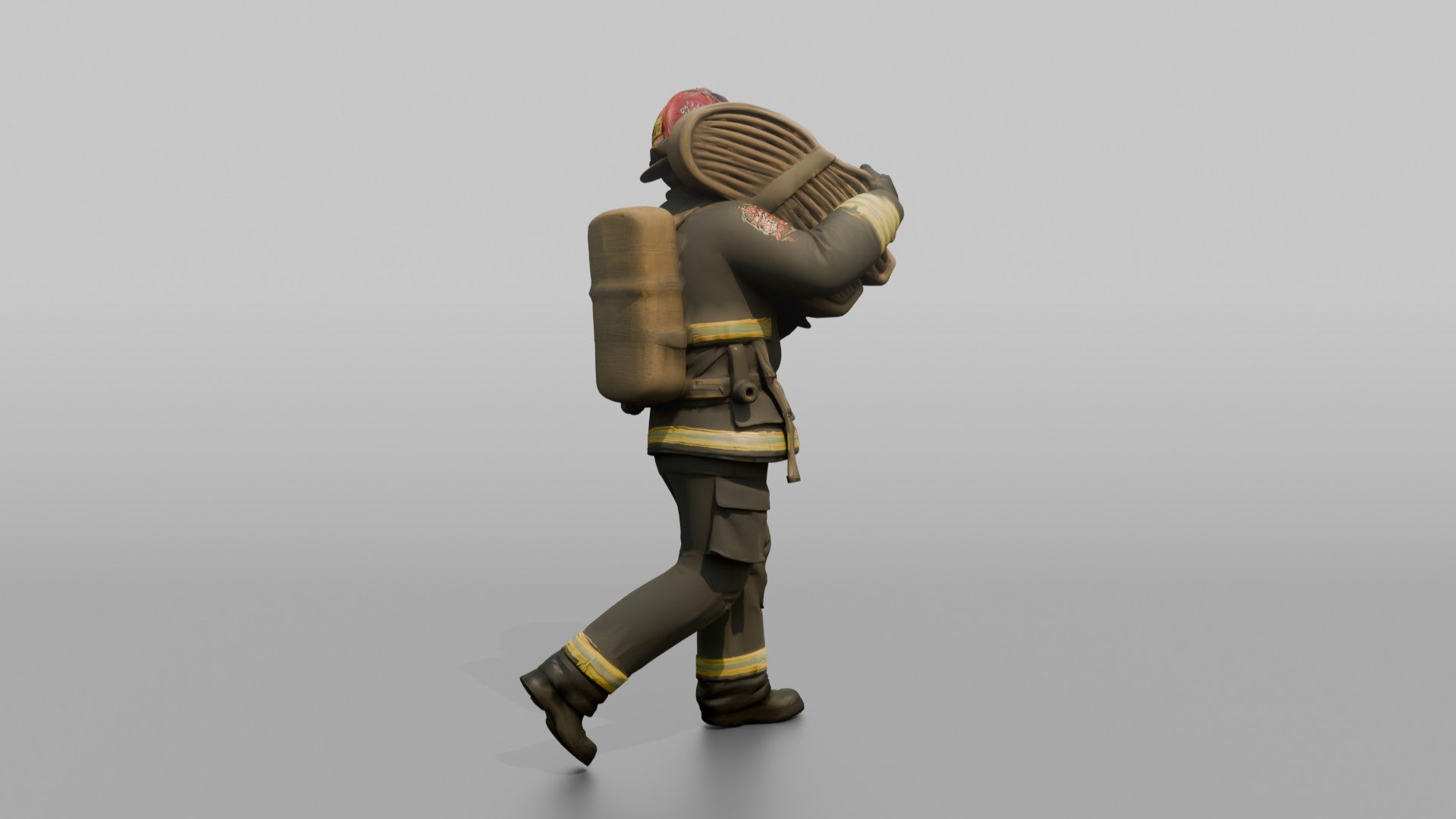 Firefighter Man Hoisting a Heavy Folded Hose Pack Onto His Shoulder