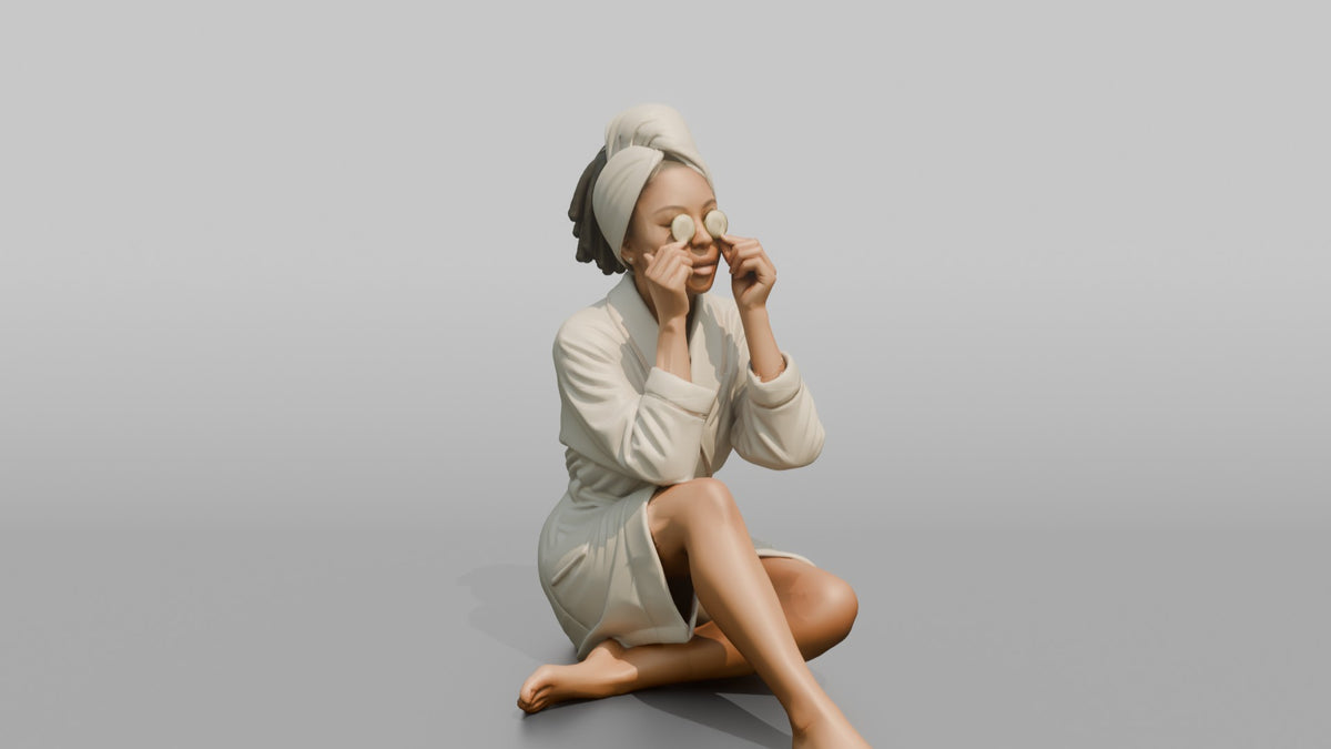 Spa Client Woman Sitting With Cucumber Slices Held Over Closed Eyes - 3D character model