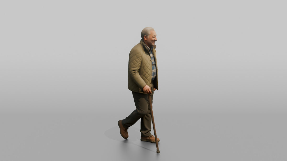 Grandfather Holding A Walking Stick, Mid-stride - 3D character model, view 2