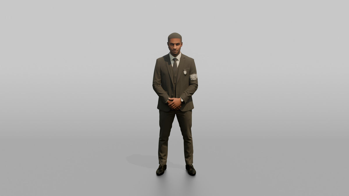 Door Staff Man Standing With Hands Clasped In Front, Formal Posture - 3D character model, view 5