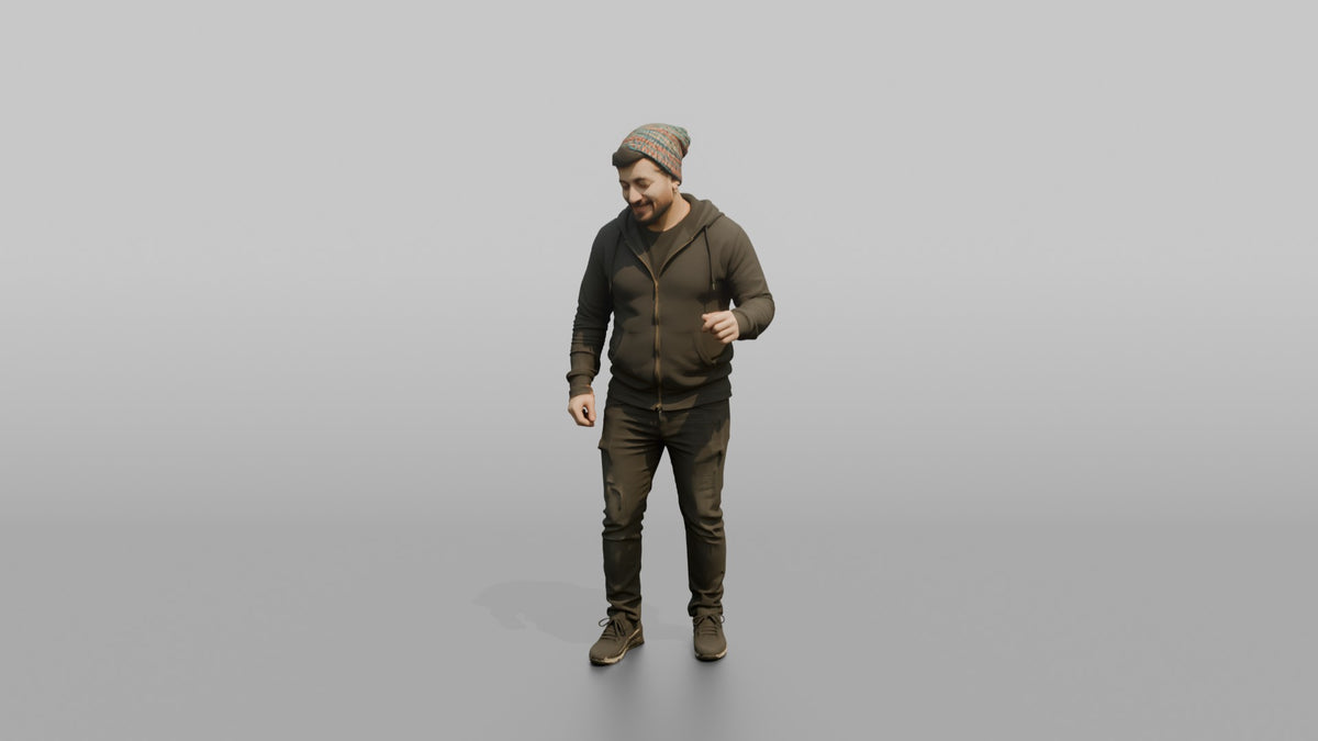 Patron Man Wearing A Colorful Beanie, Nodding Along To Music - 3D character model, view 5