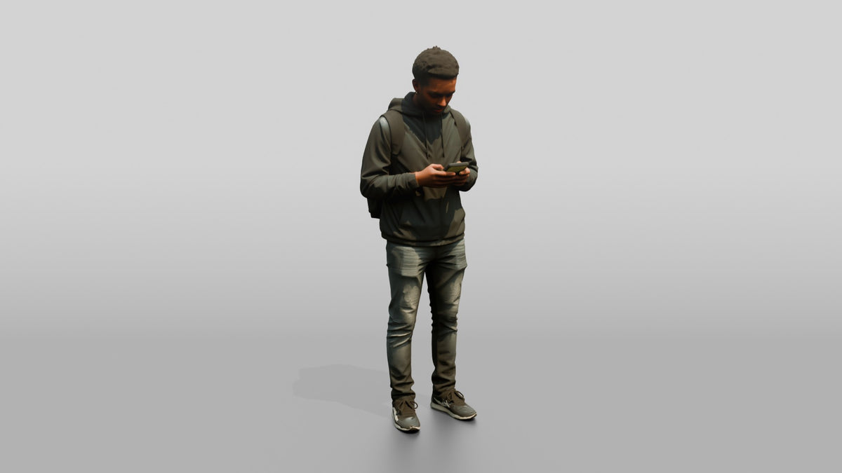 Black Man Texting in Black Windbreaker - 3D character model, view 1