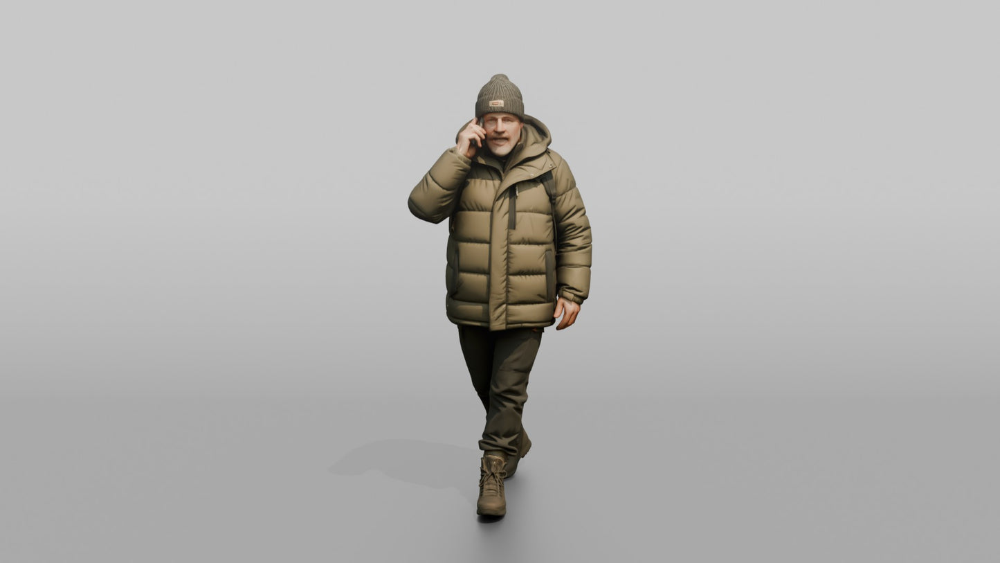 Scandinavian Man Talking on His Phone in a Puffer Coat