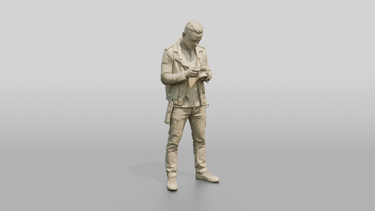 African Man in a Leather Jacket Checking a Camera - wireframe topology preview