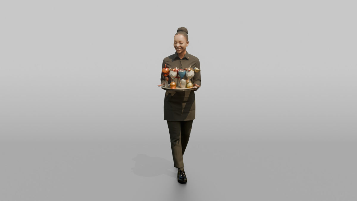 Cocktail Server Woman Carrying A Tray Of Colorful Cocktails - 3D character model, view 4