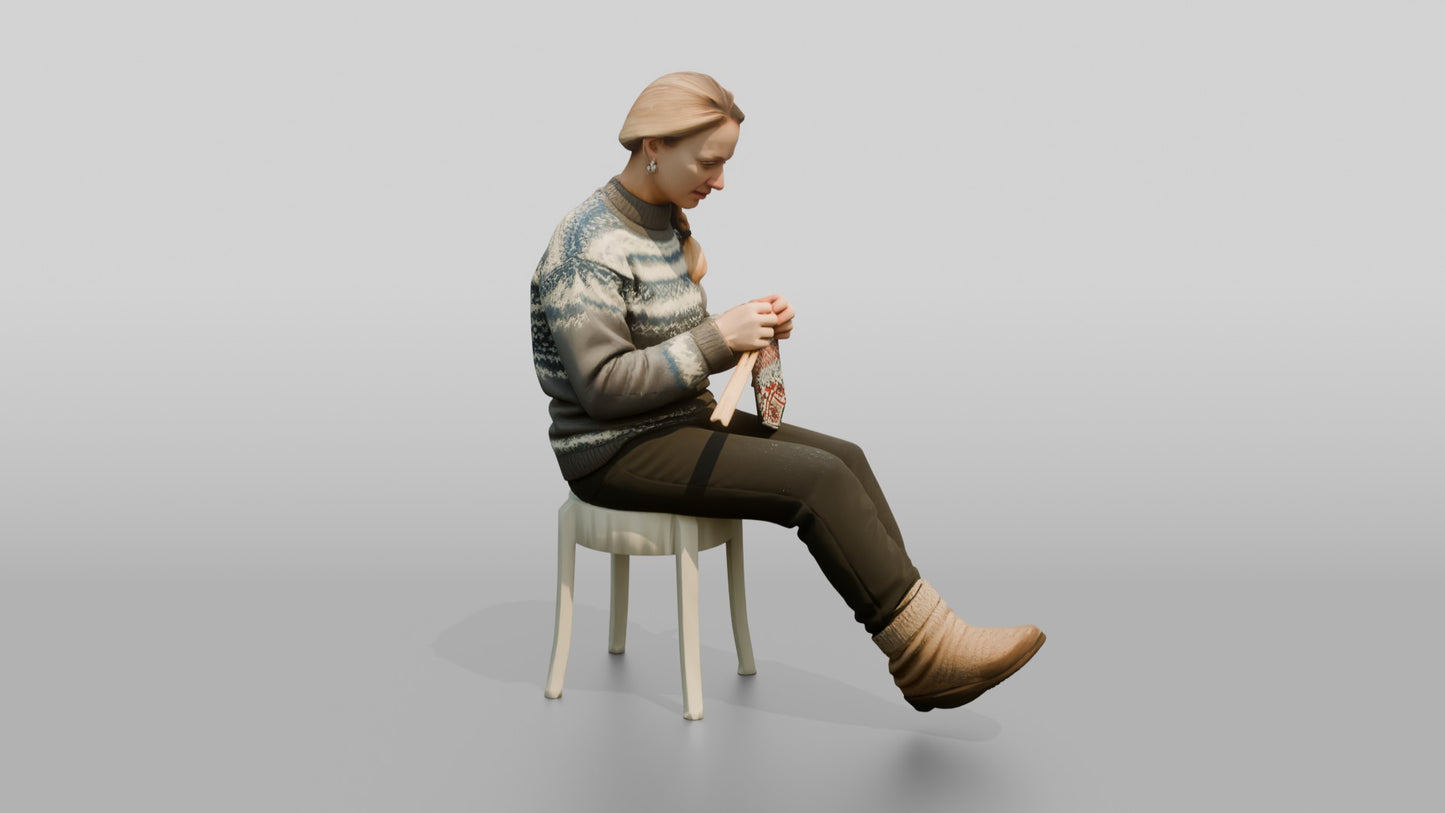 Norwegian Woman Knitting on a Snowy Bench