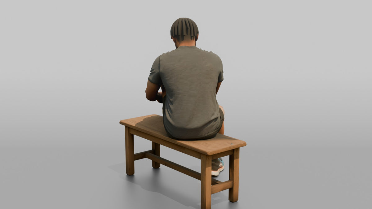 Man Customer Sitting On A Bench Trying On Running Shoes - 3D character model, view 3