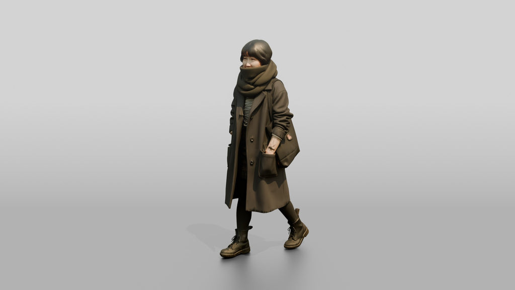 Asian Woman Walking in Oversized Scarf