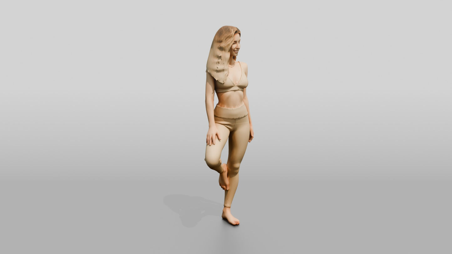 Blonde Woman in Beige Activewear in Tree Pose