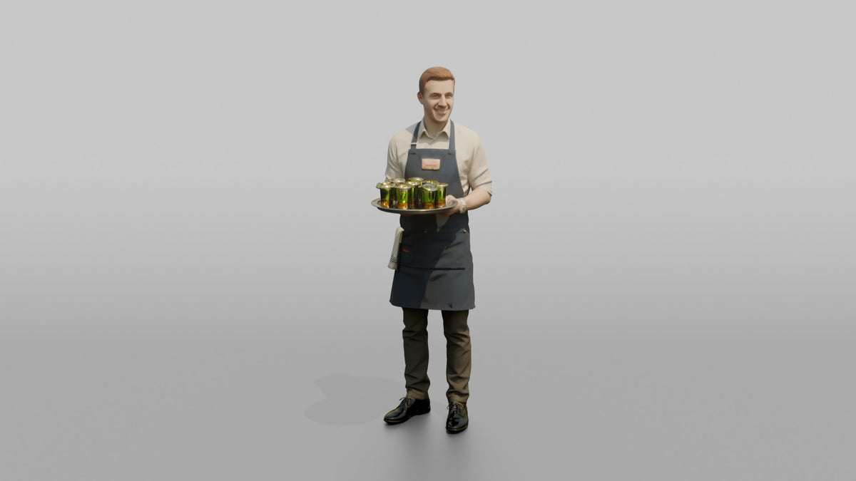 Bartender Man Holding A Tray Of Shot Glasses - 3D character model, view 5