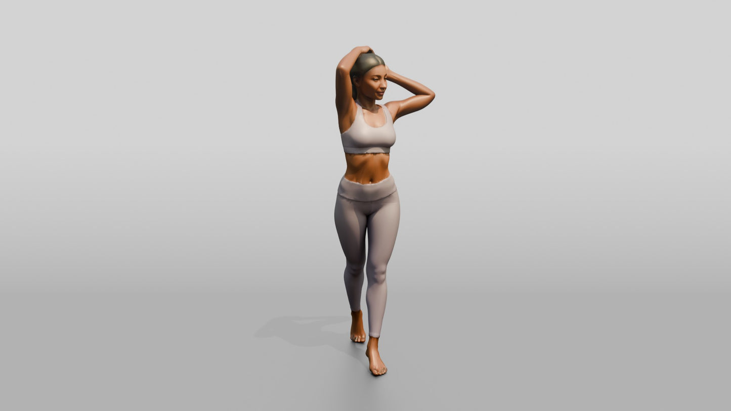 Woman in Lilac Activewear with Arms Raised to Her Hair