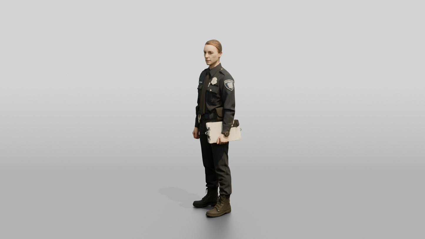 Caucasian Female Guard in a Navy Blue Guard Uniform