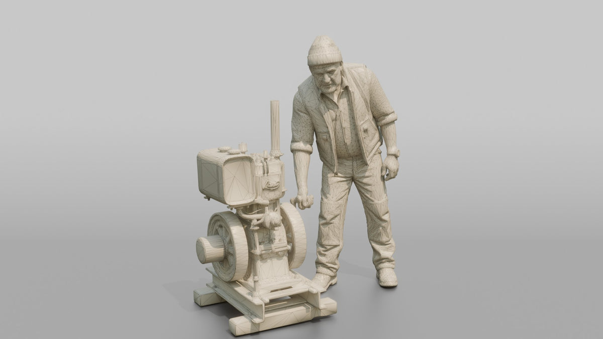 Farmer Starting Older Utility Engine - wireframe topology preview