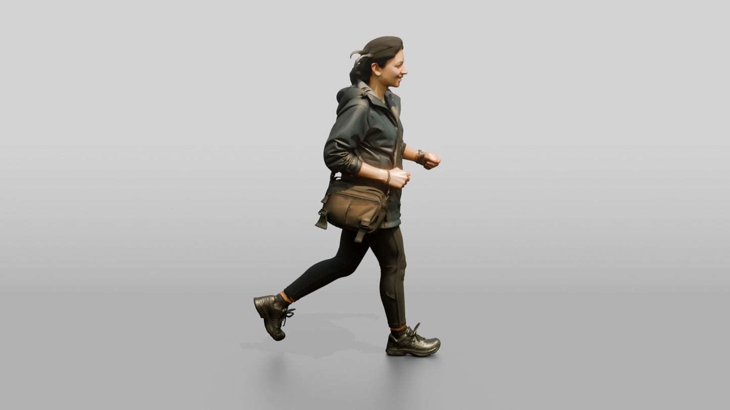 Indian Woman Walking Briskly in Dark Raincoat