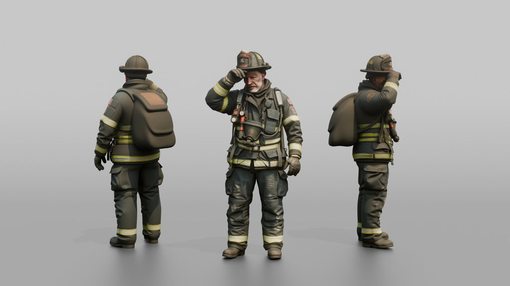 Firefighter Man Wiping Soot Off His Forehead with a Gloved Hand
