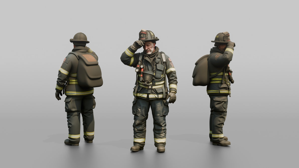 Firefighter Man Wiping Soot Off His Forehead with a Gloved Hand - 3D character model