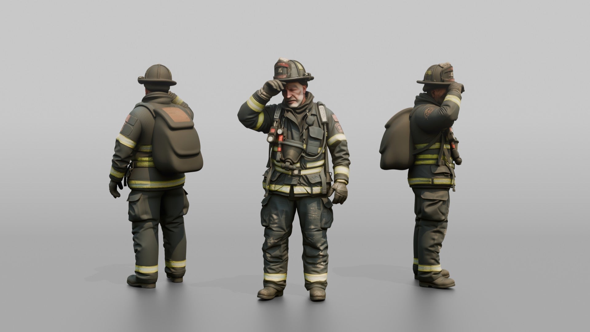Firefighter Man Wiping Soot Off His Forehead with a Gloved Hand