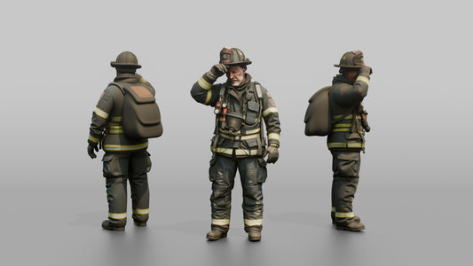 Firefighter Man Wiping Soot Off His Forehead with a Gloved Hand