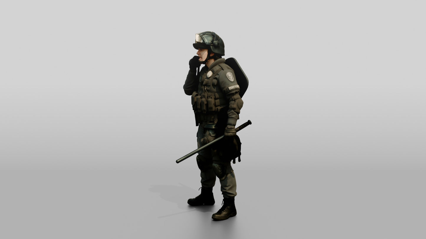 Riot Police Officer Standing with Baton