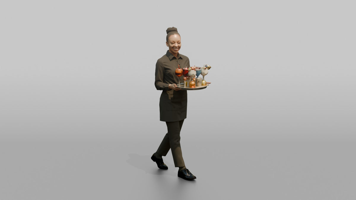 Cocktail Server Woman Carrying A Tray Of Colorful Cocktails - 3D character model, view 5