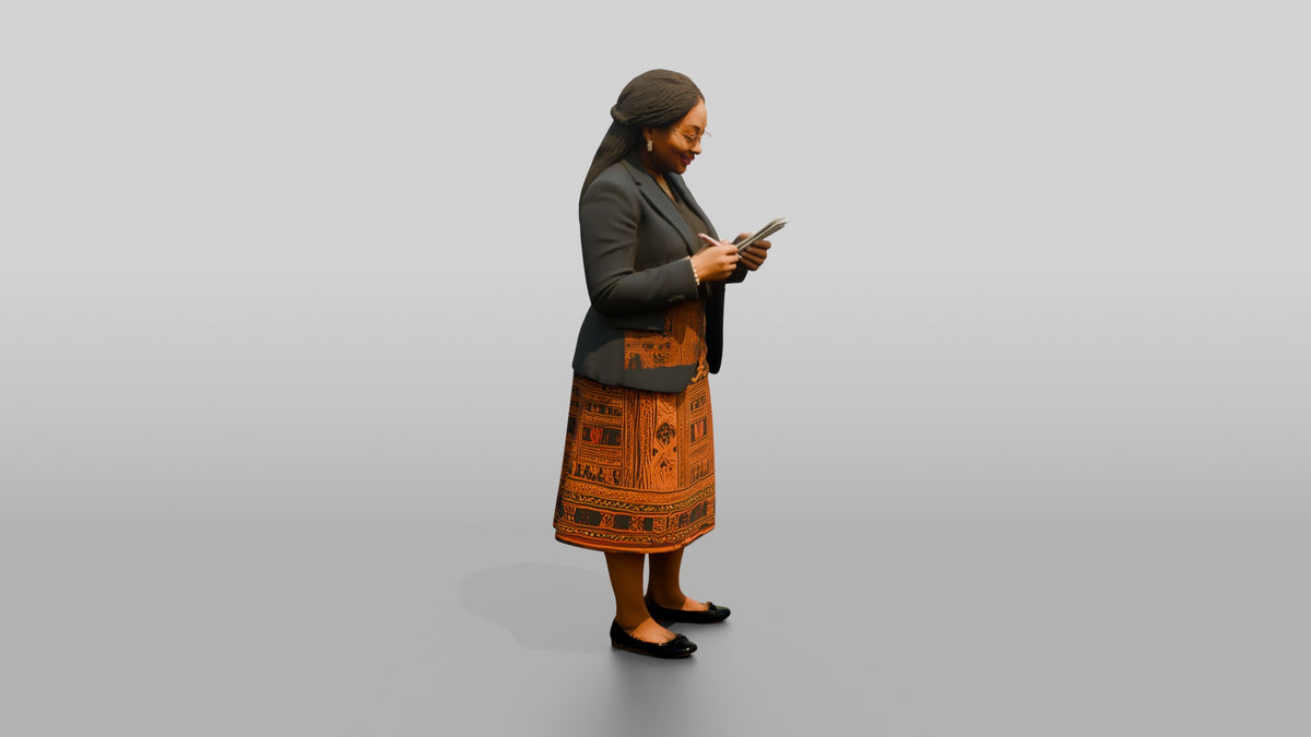 African Woman in a Blazer Checking Receipts - 3D character model, view 2
