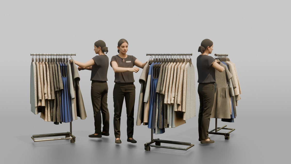 Woman Sales Associate Straightening A Rack Of Dresses - 3D character model, view 1