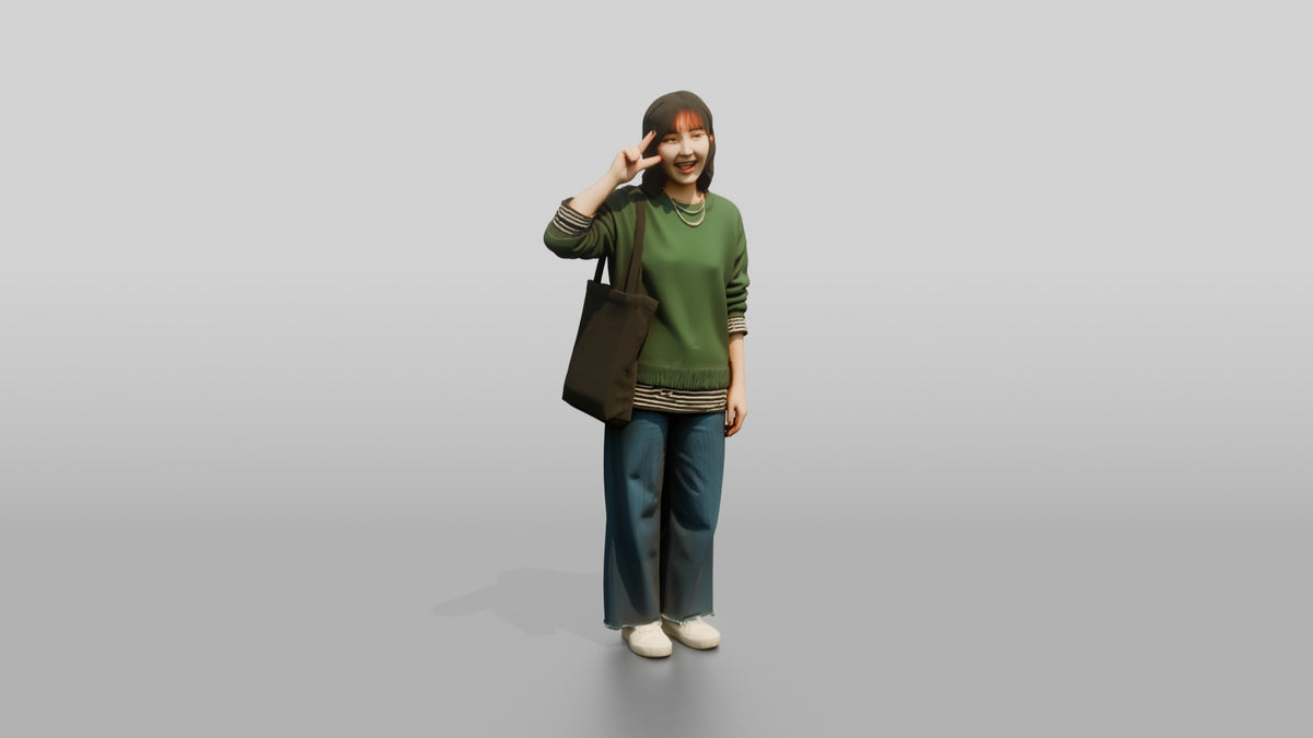 Asian Woman Making a Peace Sign - 3D character model, view 1