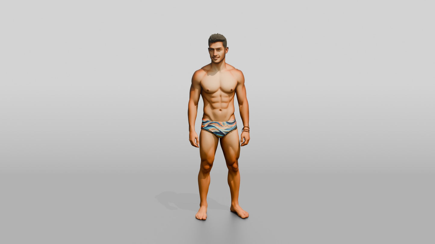 Latino Man in Multi-Colored Swim Brief Beach Pose