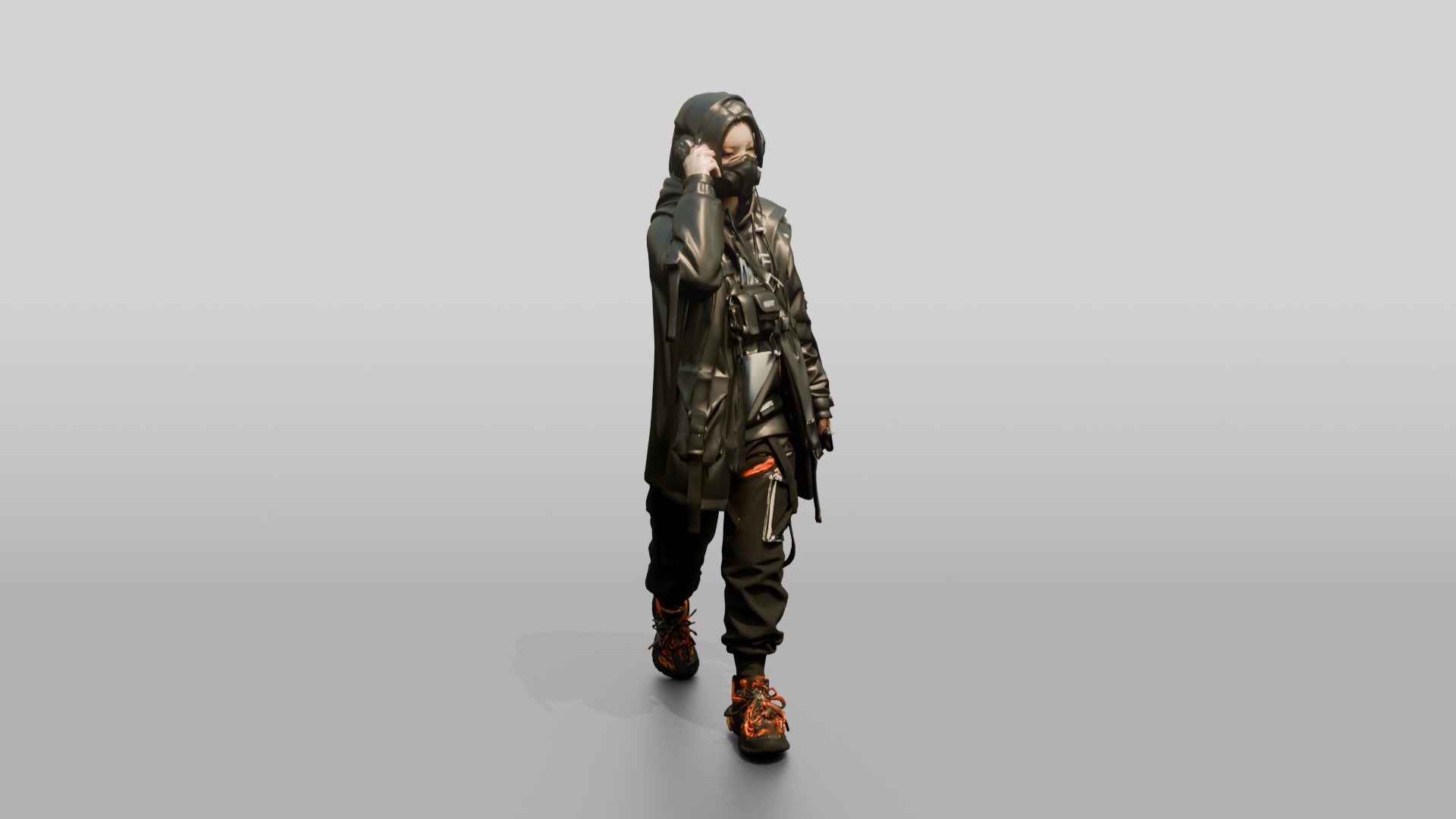 Techwear Woman with Headphones and Tech Vest