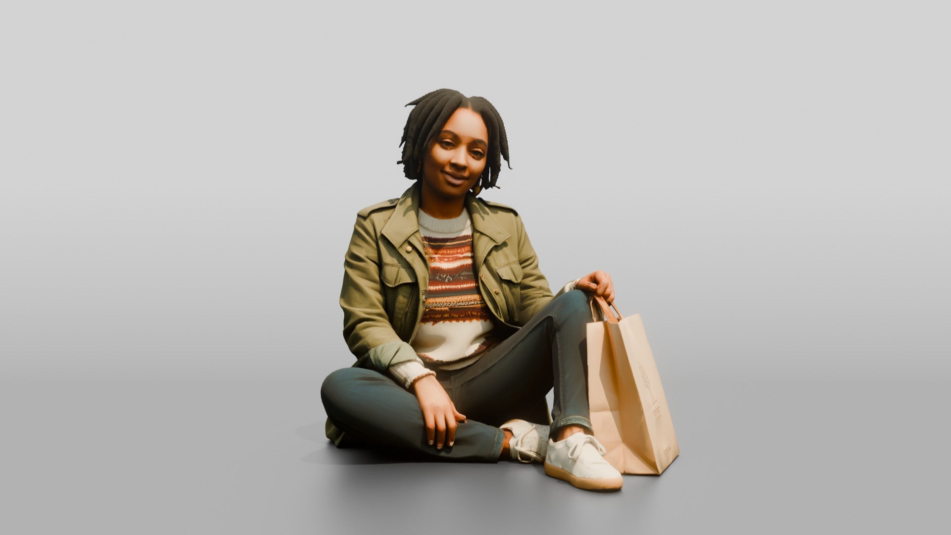 African Woman Sitting Cross-Legged with Shopping Bag