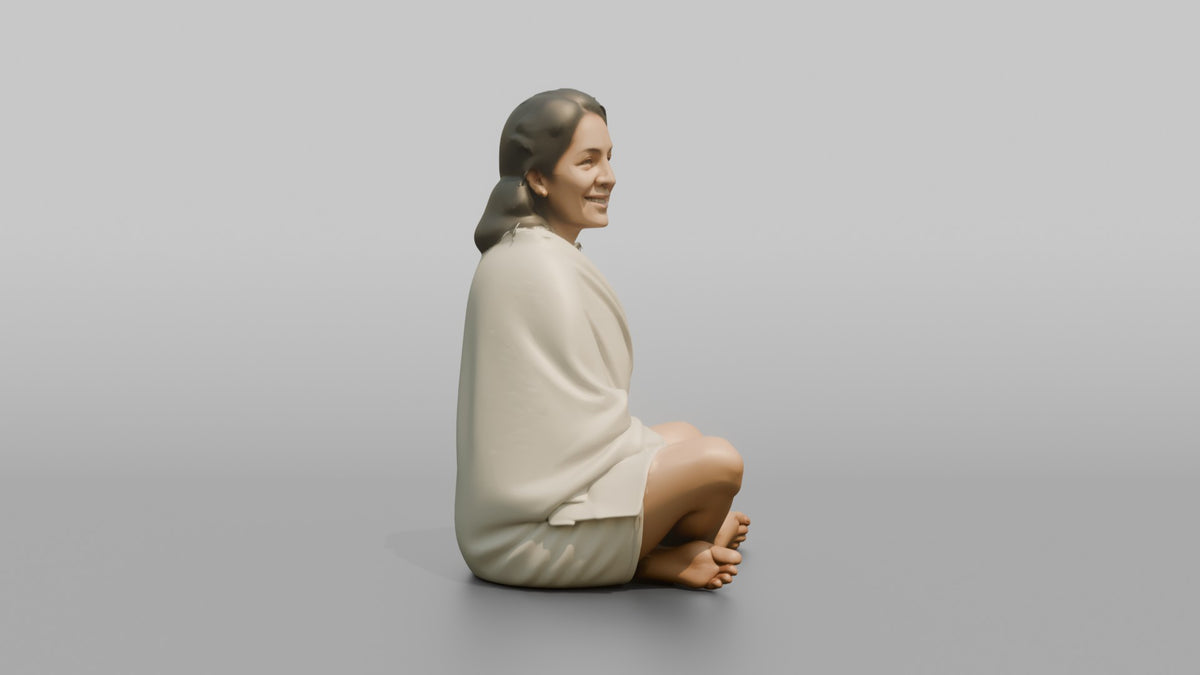 Spa Client Woman Sitting Relaxed With A Towel Wrapped Around The Shoulders - 3D character model, view 2