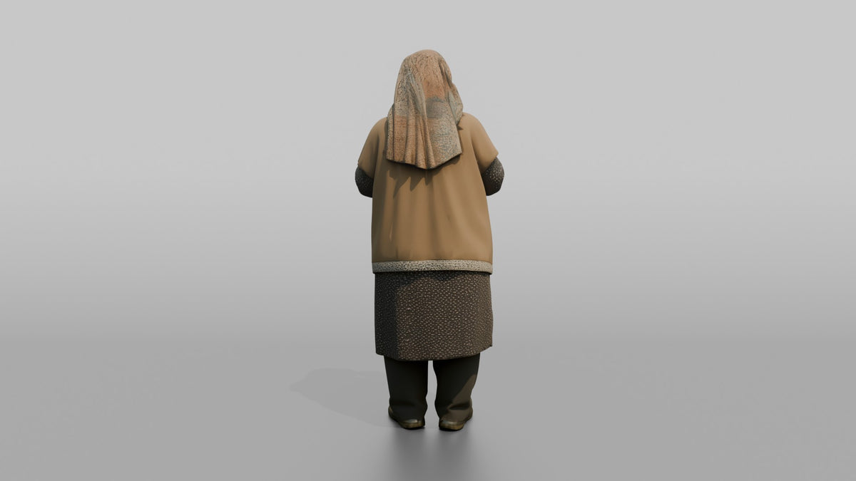 Grandmother Holding A Cup Of Tea, Blowing On It Gently - 3D character model, view 3