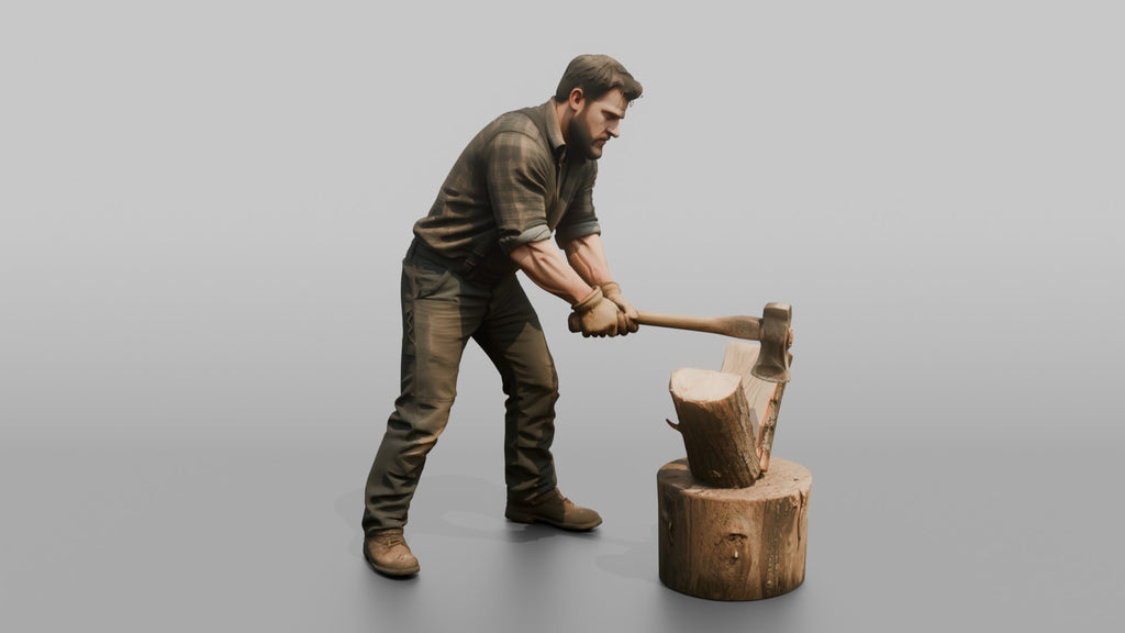 Farmer Swinging Heavy Splitting Maul Into Firewood