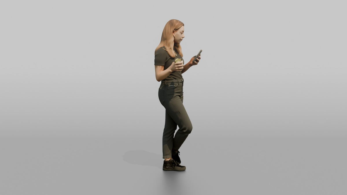 Patron Woman Standing Checking A Phone, Drink In The Other Hand - 3D character model, view 2