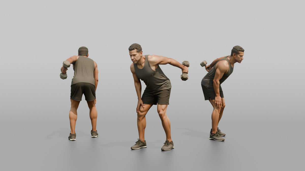 Weightlifter Man Performing A Tricep Kickback With A Dumbbell - 3D character model, view 1