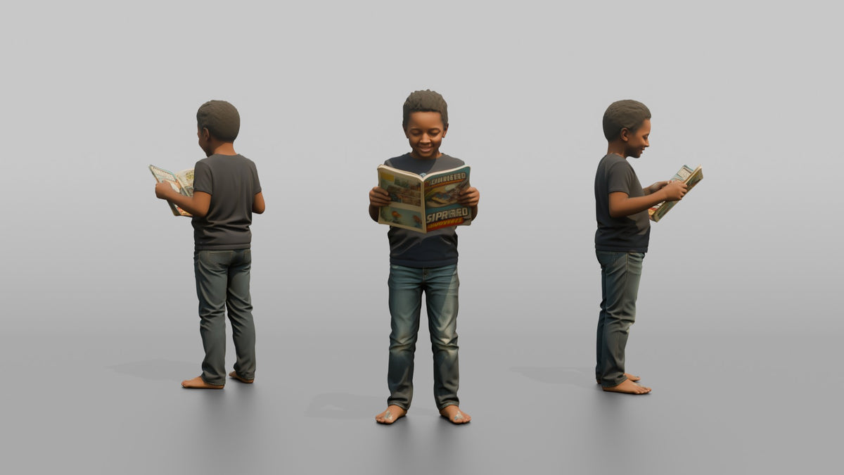 Son Holding A Comic Book Open With Both Hands - 3D character model, view 1