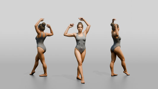 Woman in Grey Bodysuit Posing with Arms Raised - 3D character model