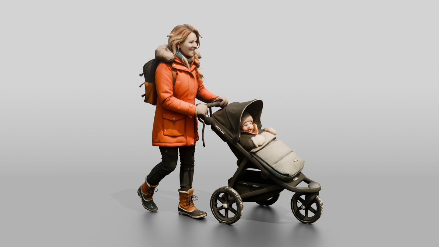Norwegian Mother Pushing Stroller in Snow