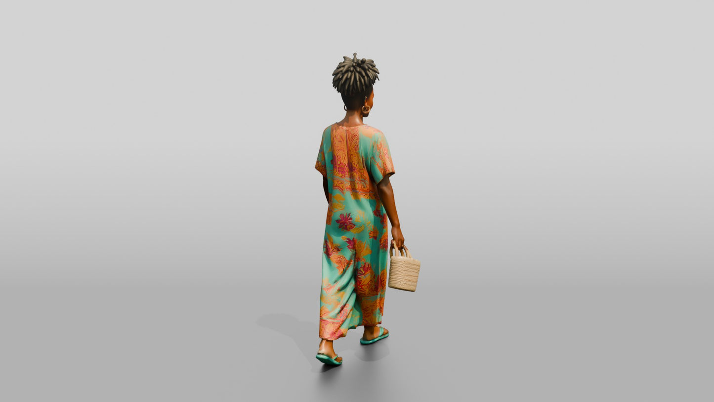 Afro-Latina Woman with Woven Shopping Bag