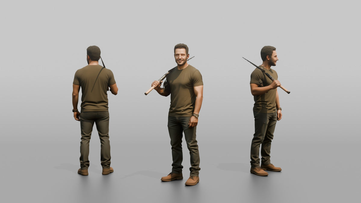 Father Holding A Fishing Rod Propped Over One Shoulder - 3D character model, view 1
