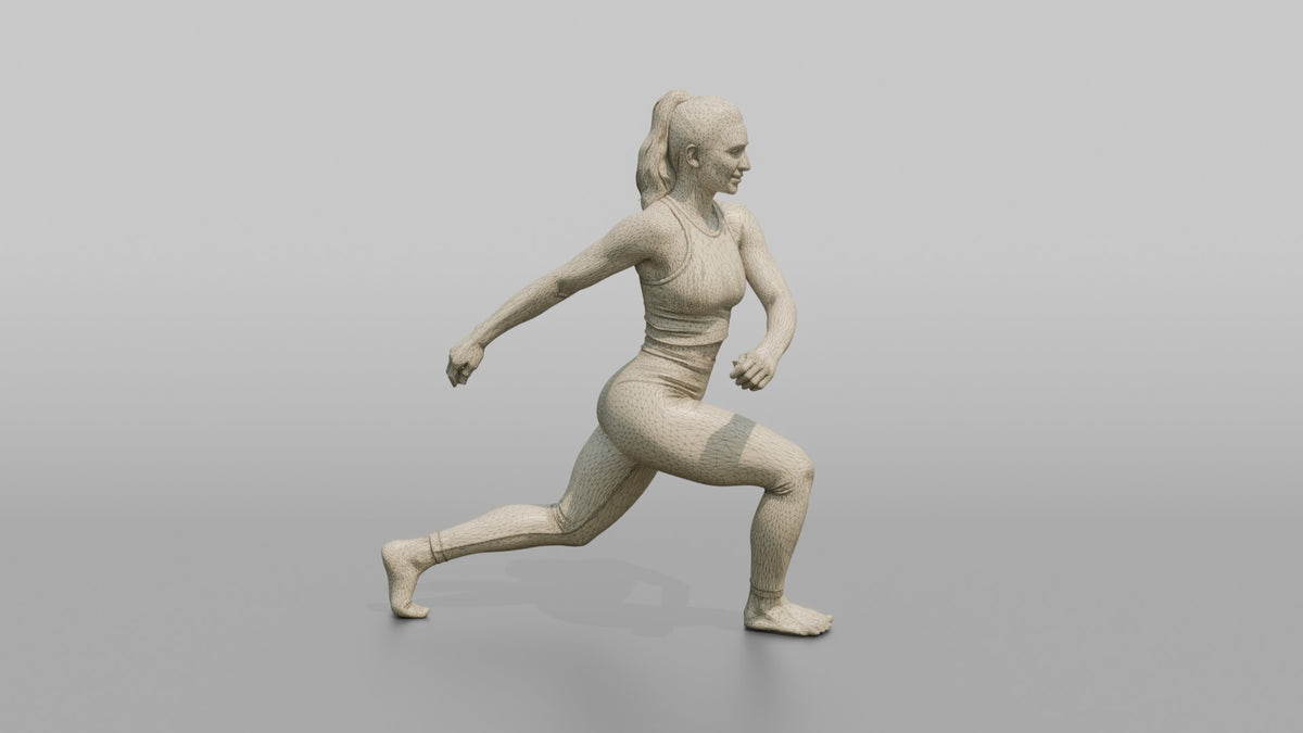 Fitness Influencer Woman Mid Lunge, Twisting Slightly - wireframe topology preview