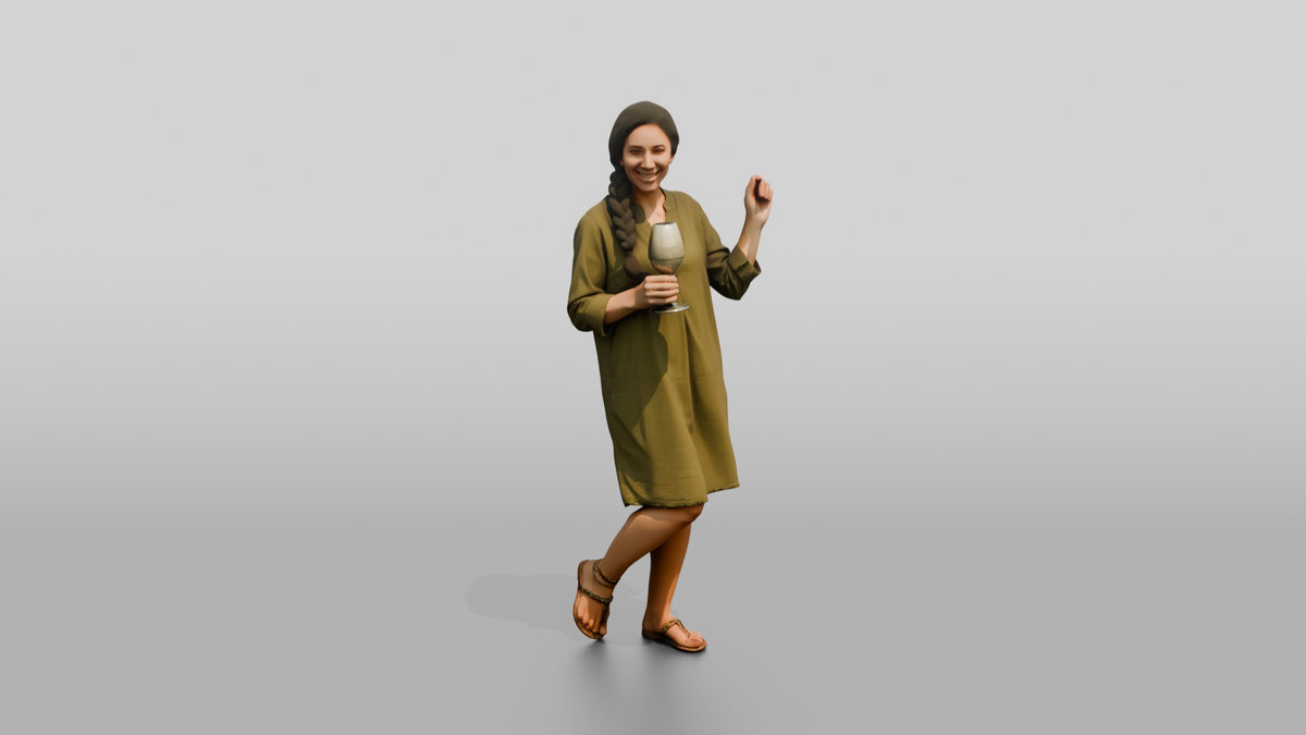 Woman with a Cocktail in an Olive Dress - 3D character model, view 5