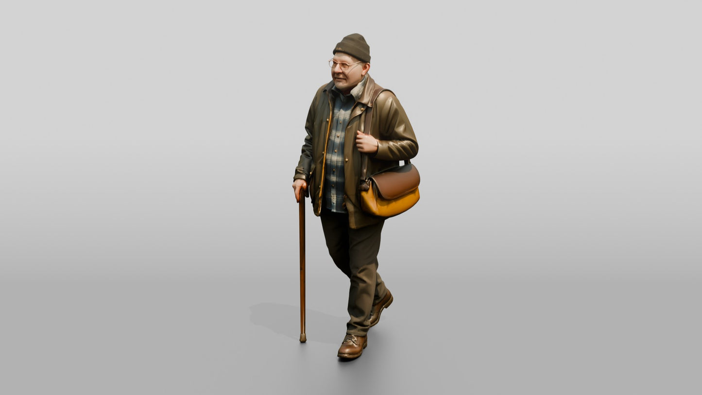 Elderly White Man in Waxed Jacket with Cane