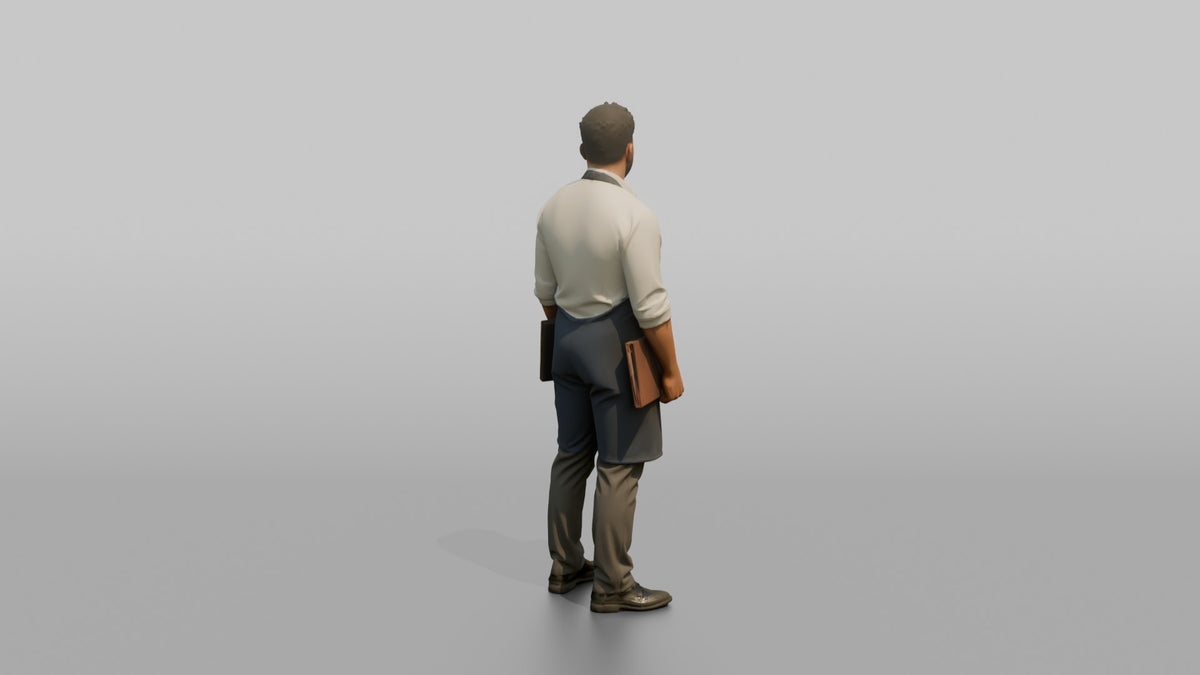 Host Man Holding Two Menus, One In Each Hand - 3D character model, view 3